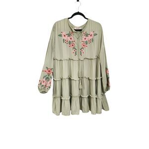Mazik green floral embroidered Boho babydoll oversized dress S